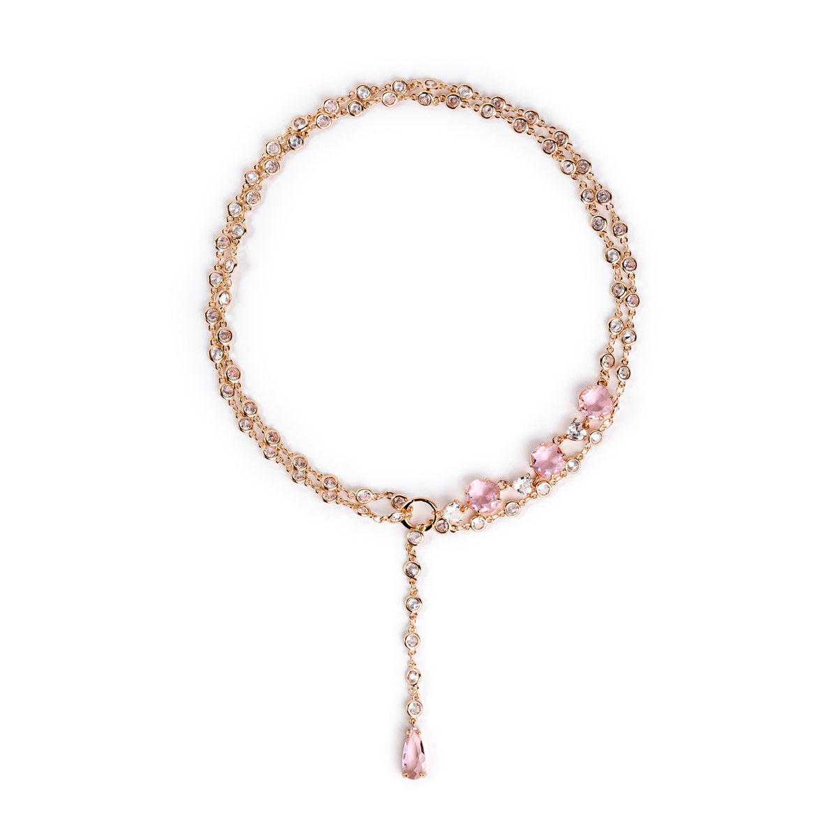 Original stylish Necklace chain with pink crystals, jewelry with pink transparent sparkl stones