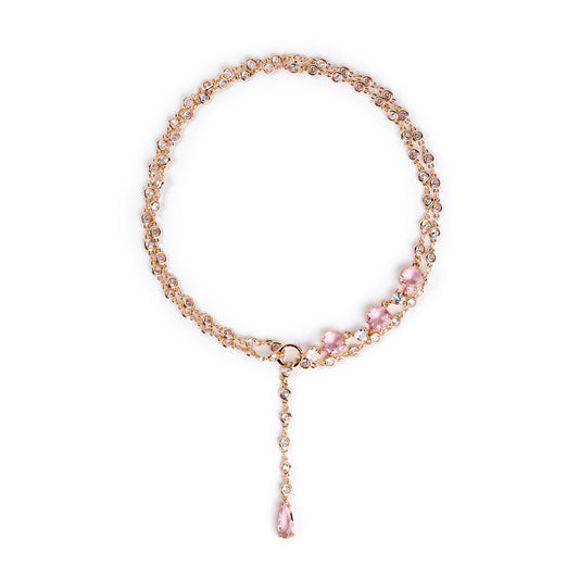 Original stylish Necklace chain with pink crystals, jewelry with pink transparent sparkl stones